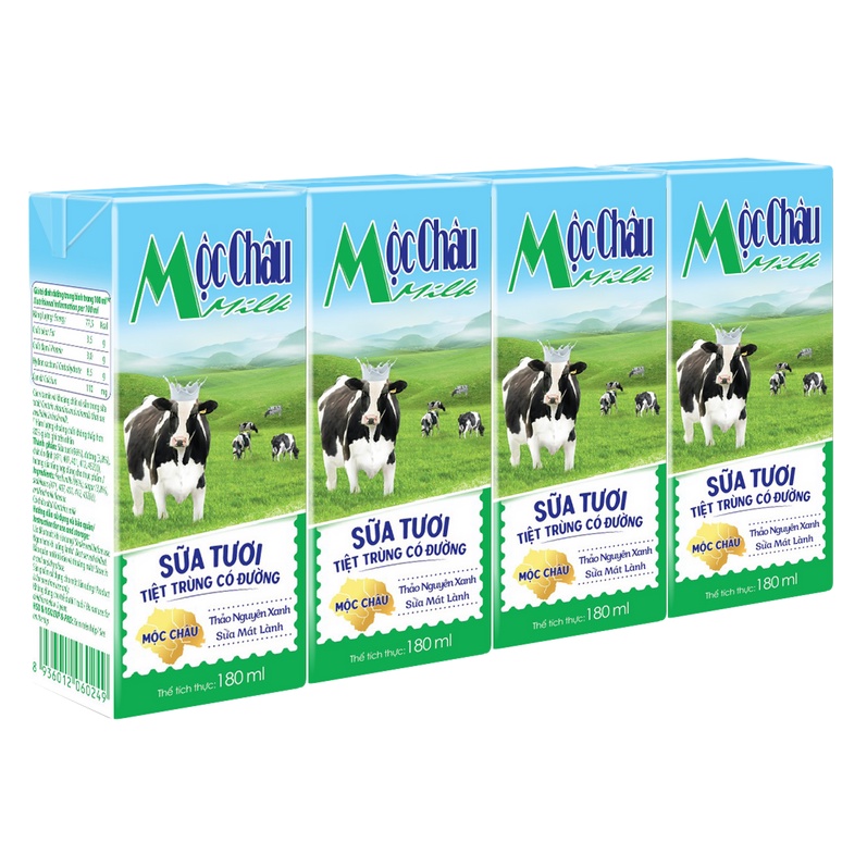 (Vỉ 4 hộp 180 ml) Sữa tươi các loại Mộc Châu  (đậu đỏ/cam/dâu/dừa/không đường/ít đường/có đường)