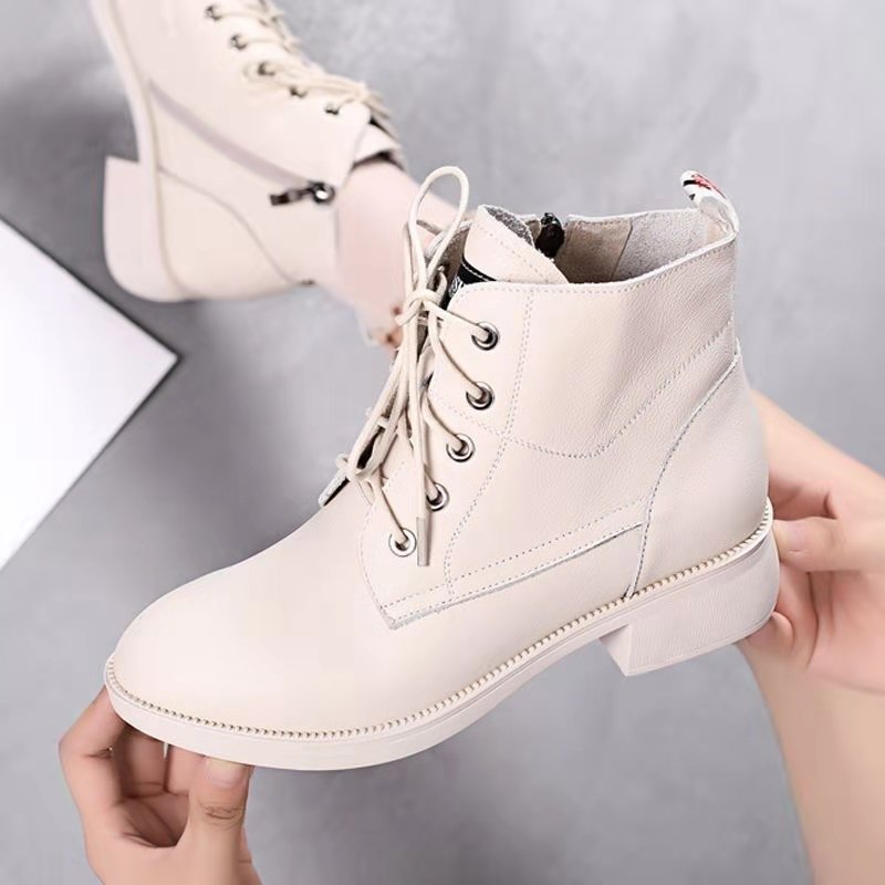 Giày bốt Martin phong cách Nhật Bản gót thô gót Thấp 3.5cm dây kéo màu trơn