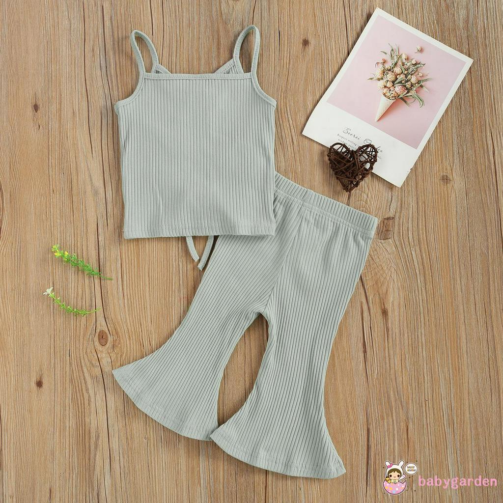 Set Áo Sát Nách Cổ Chữ V + Quần Ống Loe Phong Cách Đơn Giản Cho Bé Gái