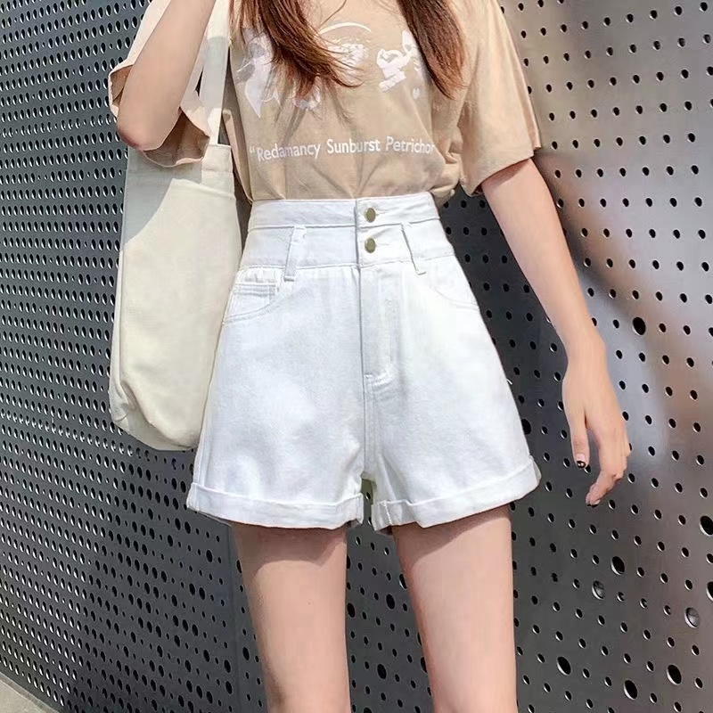 Quần Short Denim Màu Trơn Lưng Cao Dáng Ôm Thời Trang Hàn Quốc Cho Nữ