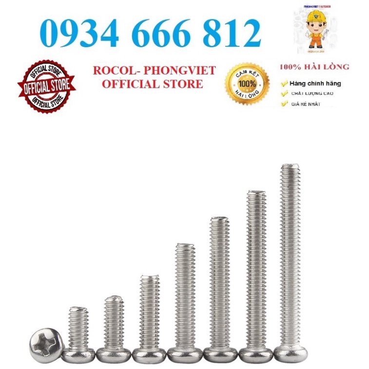 Set 50 cái M3-M6 Vít pake đầu tròn thân bulong inox304 M3, M4, M5, M6