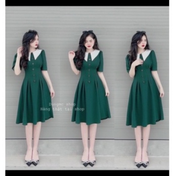 Váy đầm công sở dáng dài cổ nhọn màu xanh rêu Linhnastore