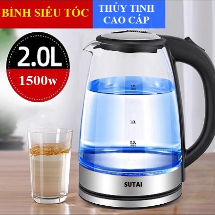 Ấm siêu tốc thủy tinh trong suốt CAO CẤP SUTAI Dung tích 2.0L - Ấm thủy tinh siêu tốc, tiết kiệm điện, có đèn LED !