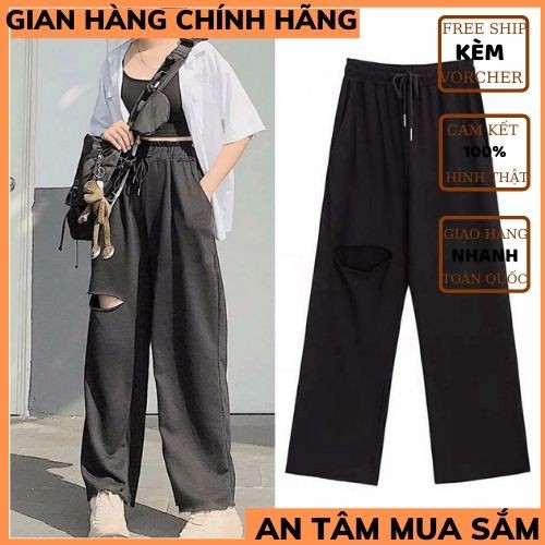 Quần nỉ ống rộng rách gối phải quần nỉ bom UNISEX ,phong cách trẻ trung năng động ,ULZZANG THỜI TRANG 1989