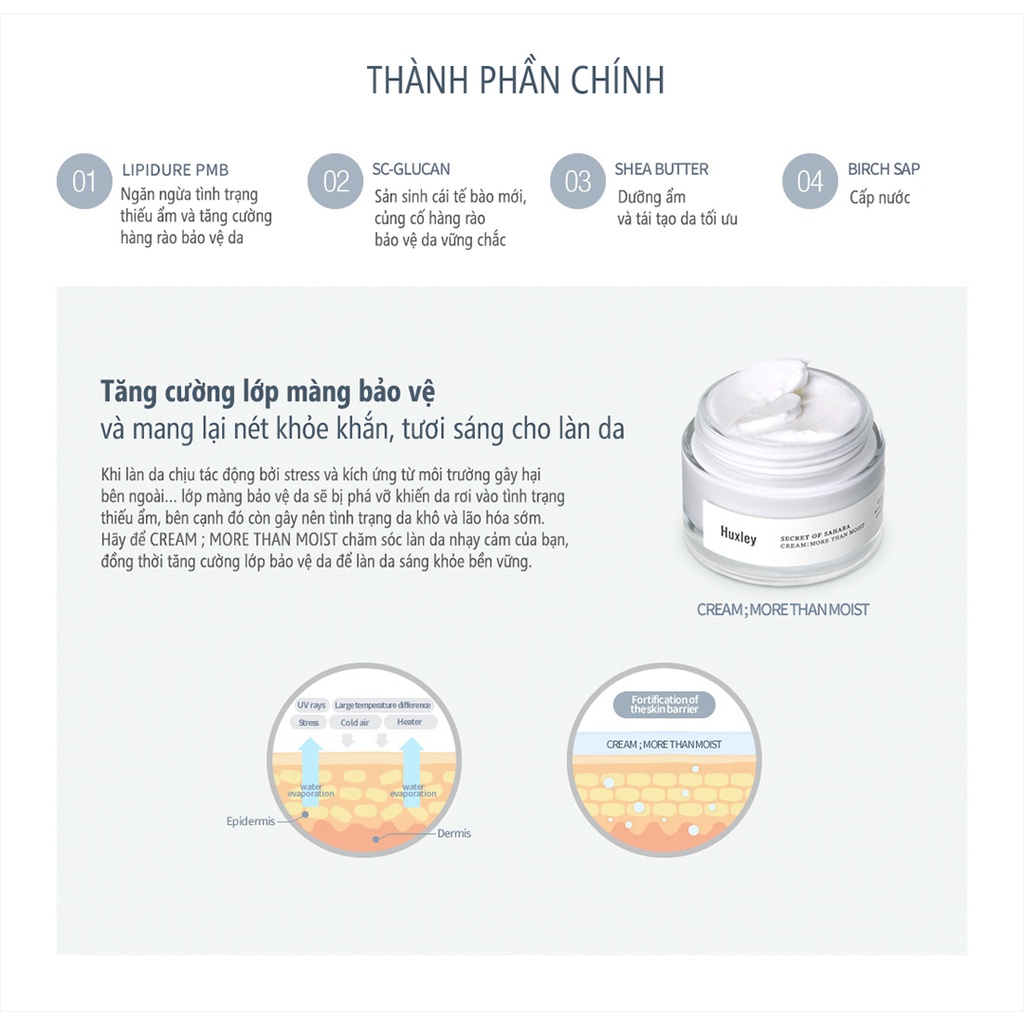 Combo Dưỡng Ẩm Sáng Da Chống Lão Hóa Chiết Xuất Xương Rồng Huxley (Serum Light And More 30ml + Kem More Than Moist 50ml)