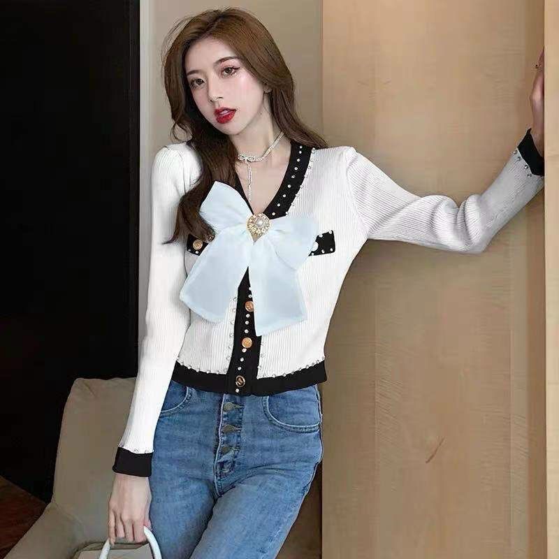 Áo len nơ dài tay đính đá Quảng Châu co dãn thoải mái | BigBuy360 - bigbuy360.vn