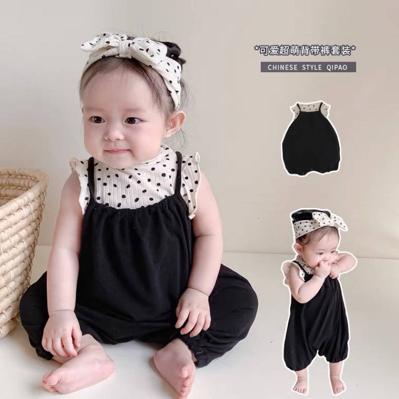 Set bộ yếm + áo, băng đô chấm bi siêu xinh cho bé gái đáng yêu mặc đi chơi, đi dự tiệc.