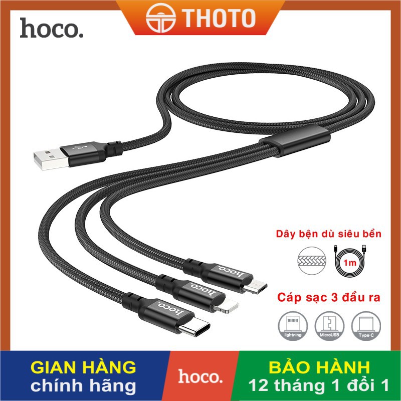 Cáp sạc 3 đầu Hoco X14 USB + Micro + Type-C,dây bện dù siêu bền dài 1m-Hàng
