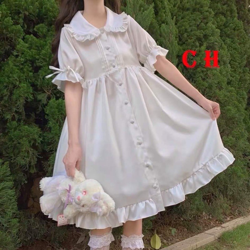 Váy babydoll cổ bẻ nơ tay Siêu Xinh. Đầm Xoè trắng tiểu thư CUTE. MET SHOP