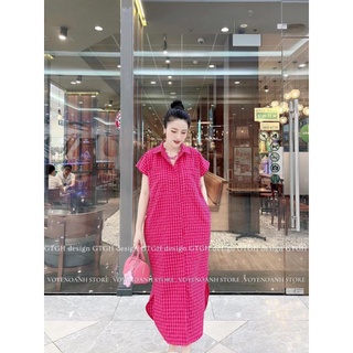 SP 1376❤️Váy sơ mi nhăn kẻ hồng form suông rộng thoải mái - có buôn sỉ