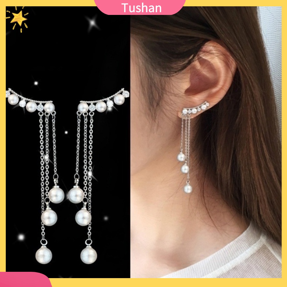 TUSH Women Faux Pearls Inlaid Chain Tassel Dangle Ear Jackets Earrings Jewelry Gift