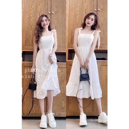 Đầm Maxi 2 Dây Thắt Nơ Vai Màu Trắng, Váy Trắng 2 Dây Cột Nơ Vai Bánh Bèo, Maxi Đi Biển Form Chuẩn