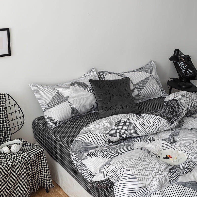 BỘ CHĂN GA GỐI COTTON POLY NHẬP KHẨU 100% ( CHĂN ĐÃ TRẦN BÔNG) HỌA TIẾT KẺ TAM GIÁC - ĐỦ KÍCH THƯỚC