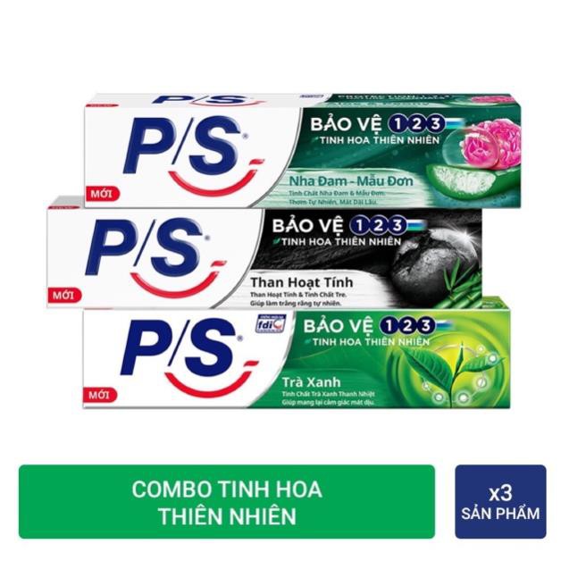 Combo 3 Kem đánh răng P/S Tinh hoa thiên nhiên: Nha đam-Mẫu đơn 180g + Than hoạt tính-Tre 180g + Trà Xanh 190g