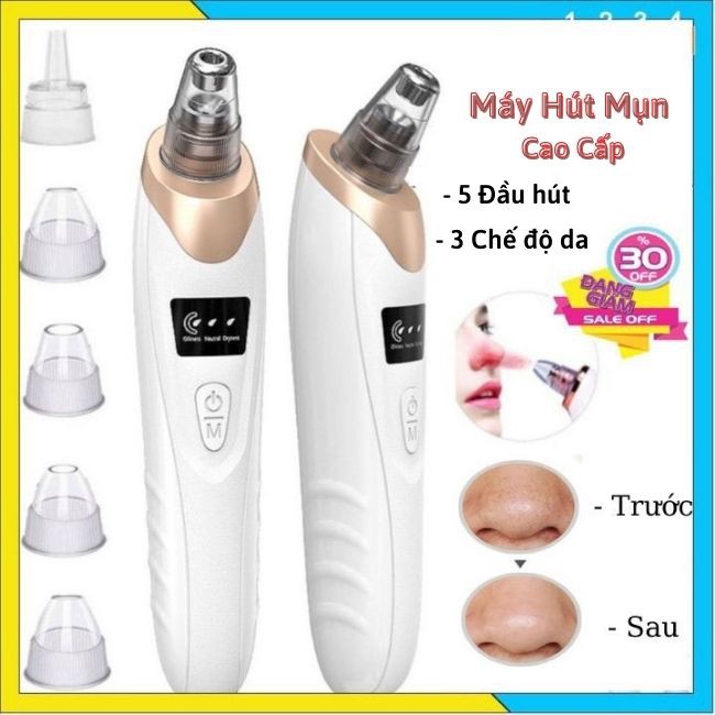 [FREESHIP] Máy Hút Mụn Đầu Đen Cám Bọc Mini Cầm Tay Spa Màn Hình LCD 3 Chế Độ 5 Đầu Hút Siêu Mạnh