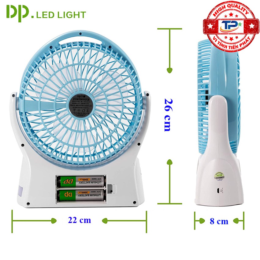 Quạt sạc tích điện DP DP-7605 / DP-1425C tích hợp đèn LED chiếu sáng - loại quạt lớn gió rất mạnh (xanh)