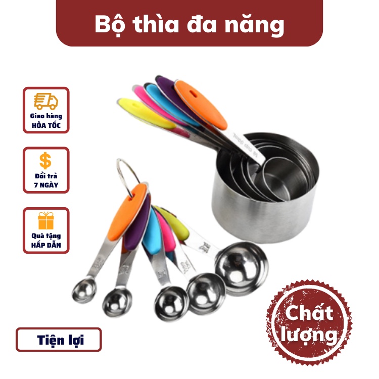 Bộ muỗng đong 10 món inox không gỉ cán silicon thìa đong cup nhà bếp phong cách hiên đại nhiều màu sắc dụng cụ làm bánh