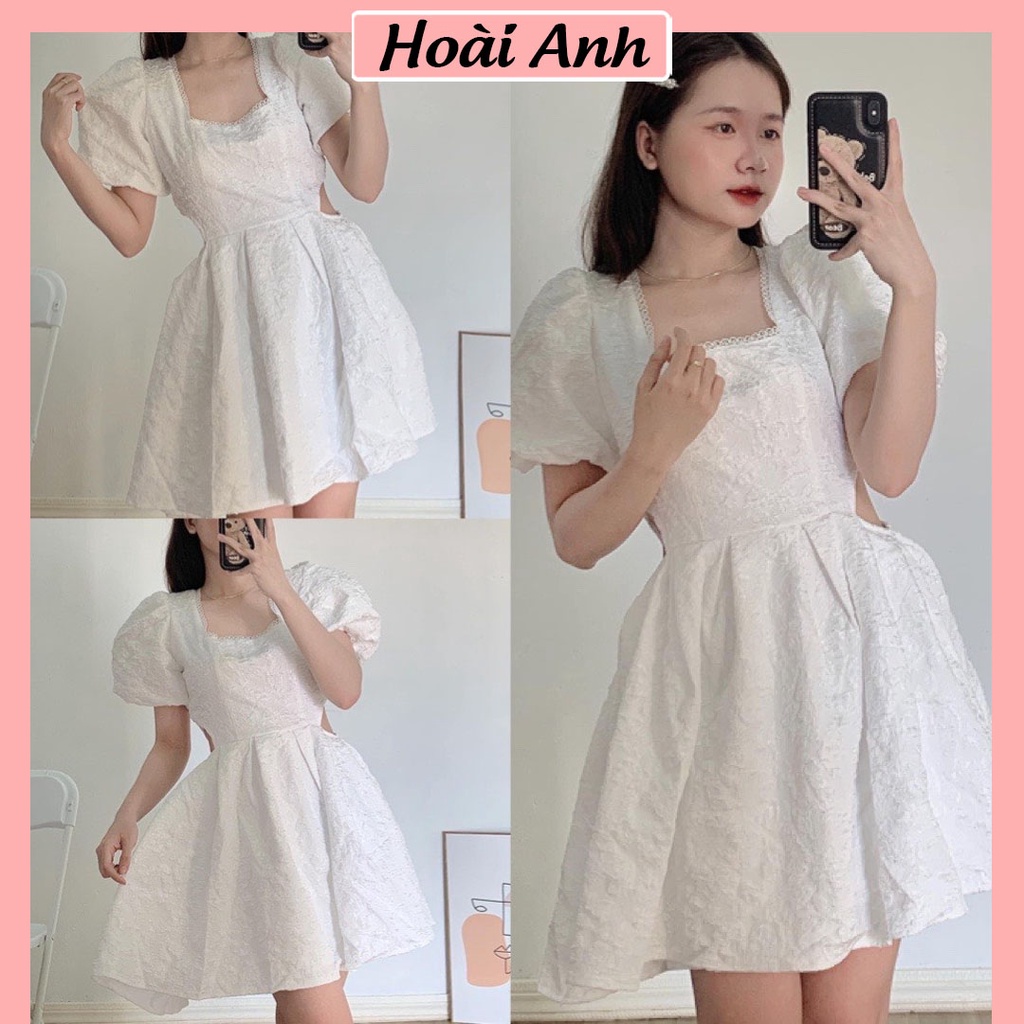 Váy Gấm Nữ Cổ Vuông Viền Ren Khoét Eo Tay Phồng Đầm Nữ Trắng Dáng Xòe Cộc Tay Hở Eo Freesize
