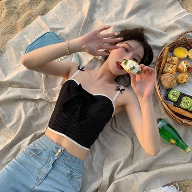 Áo Croptop Hai Dây Cổ Chữ V Thắt Nơ Màu Sắc Tương Phản Chất Liệu Nhung Thời Trang Mùa Hè Cho Nữ