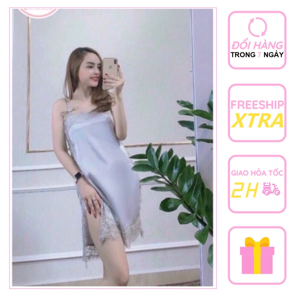 [FREESHIP 50K] Đầm Ngủ 2 Dây Nhistore Phối Ren Sexy Vải Lụa Satin Cao Cấp Freesize Dưới 55kg