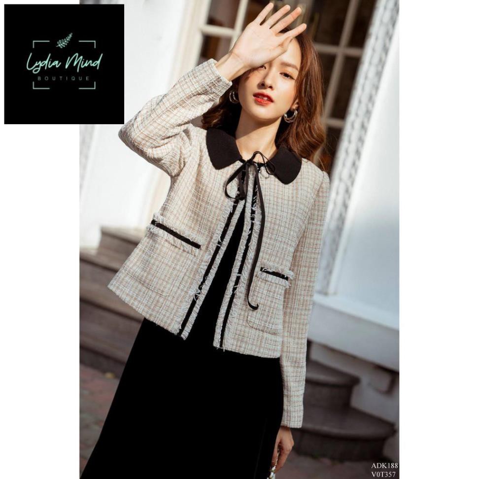 TIIN STORE Áo dạ tweed phối cổ sen nơ cổ trần dây nhung by Tiin
