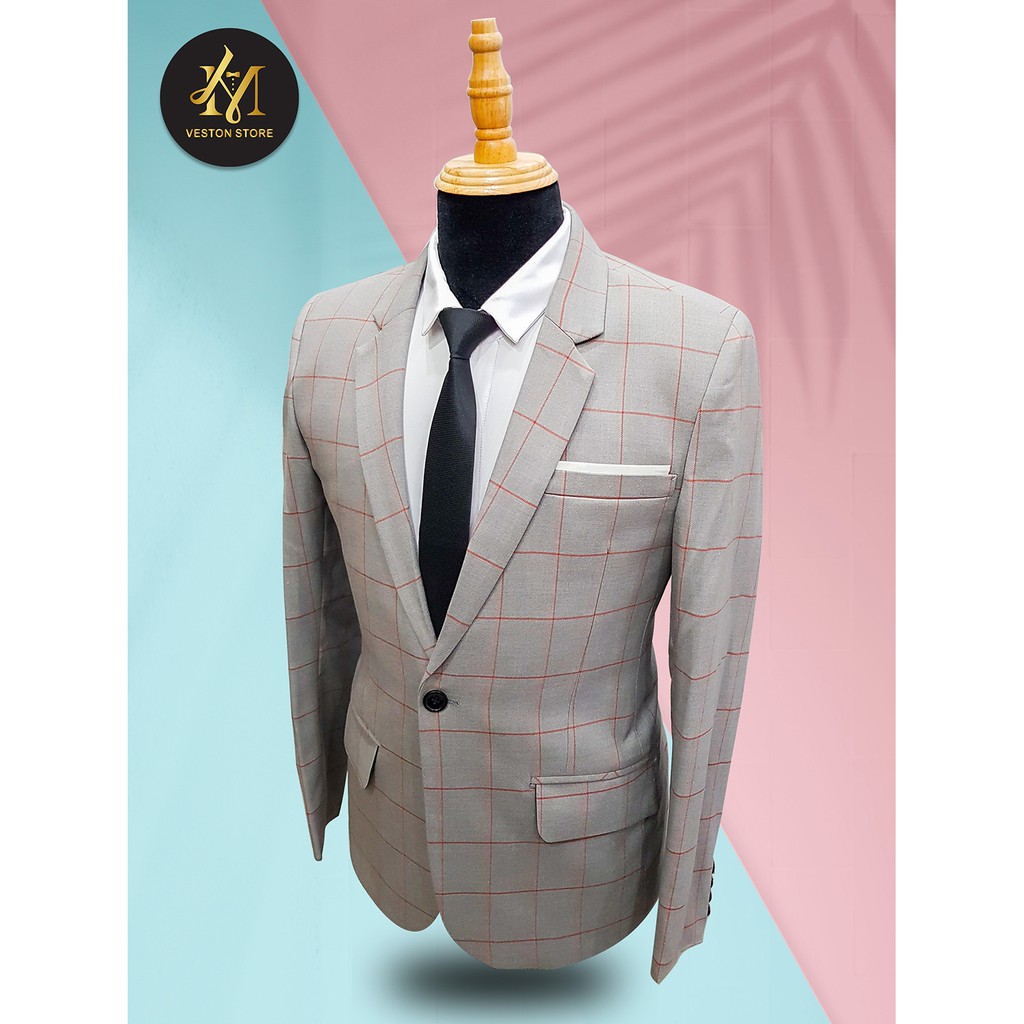 Áo vest nam body xám lợt sọc ca rô đỏ