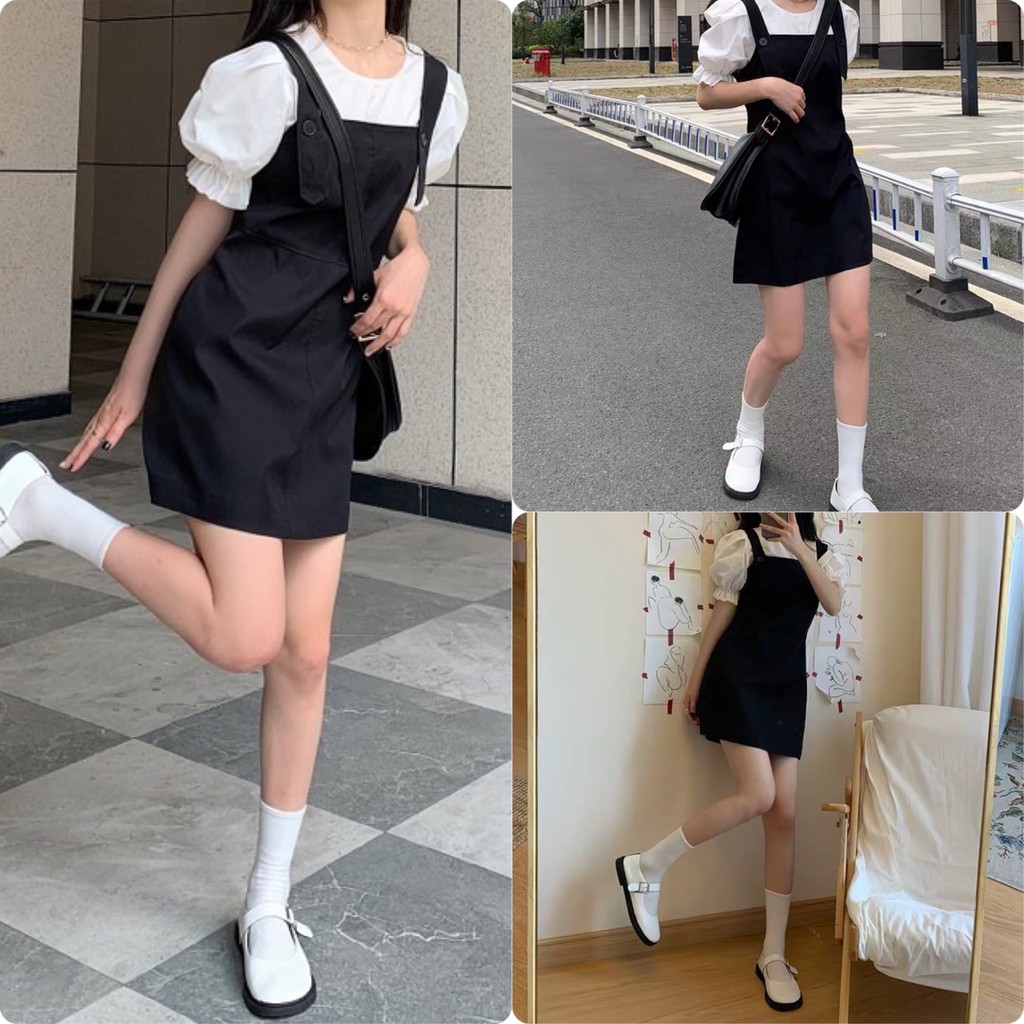 Set váy yếm kèm áo tay bồng  Đầm yếm 2 dây ulzzang Hàn Quốc