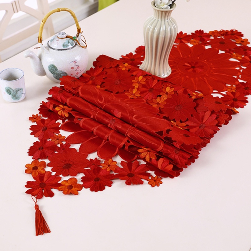 1 Khăn Trải Bàn Vải Polyester Thêu Hoa Đỏ Phong Cách Giáng Sinh