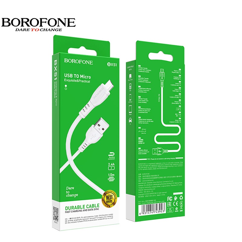 Dây sạc nhanh 2.4A chính hãng Borofone BX51 chống rối dây dài 1m, cáp sạc cho các dòng điện thoại - BH 12 tháng