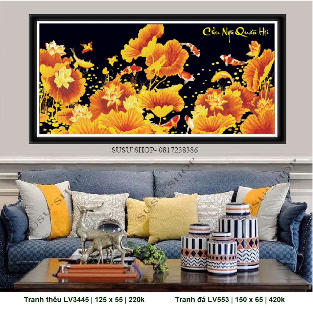 Tranh thêu chữ thập cá chép hoa sen LV3445