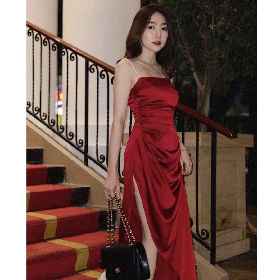 Đầm dự tiệc 2 dây ngọc nhún bèo eo sang chảnh