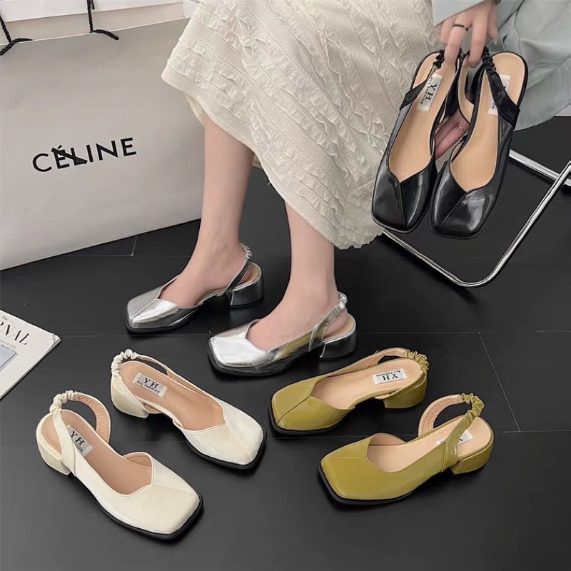 Giày cao gót phong cách retro Pháp đầu vuông dây co dãn dễ đi