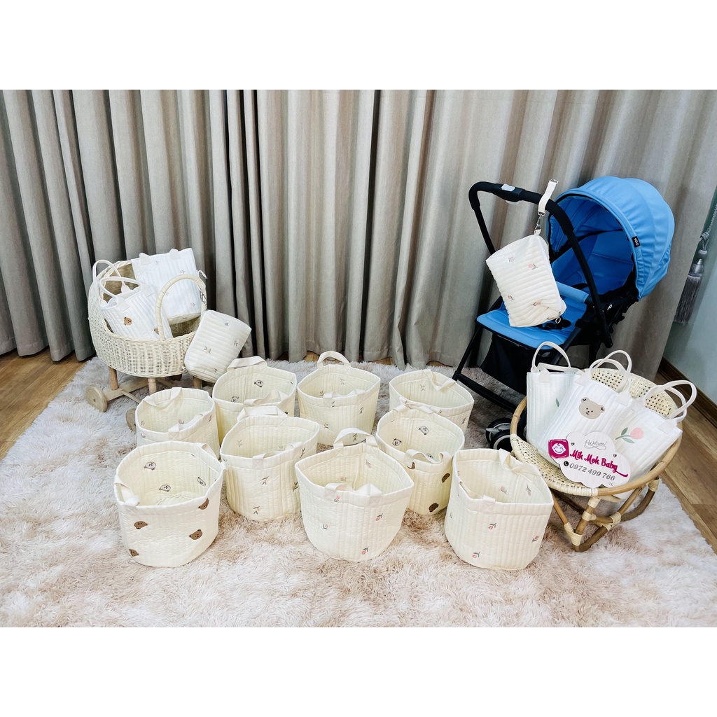 Túi đựng bỉm sữa đa năng phong cách Hàn Quốc thêu hình gấu, olive, tulip cao cấp cho Mẹ và Bé