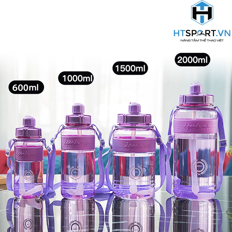 Bình Nước Thể Thao, Bình Đựng Nước Tập Gym Nhựa 600ML - 2 Lít Tặng Kèm Dây Đeo Và Ống Hút Cao Cấp