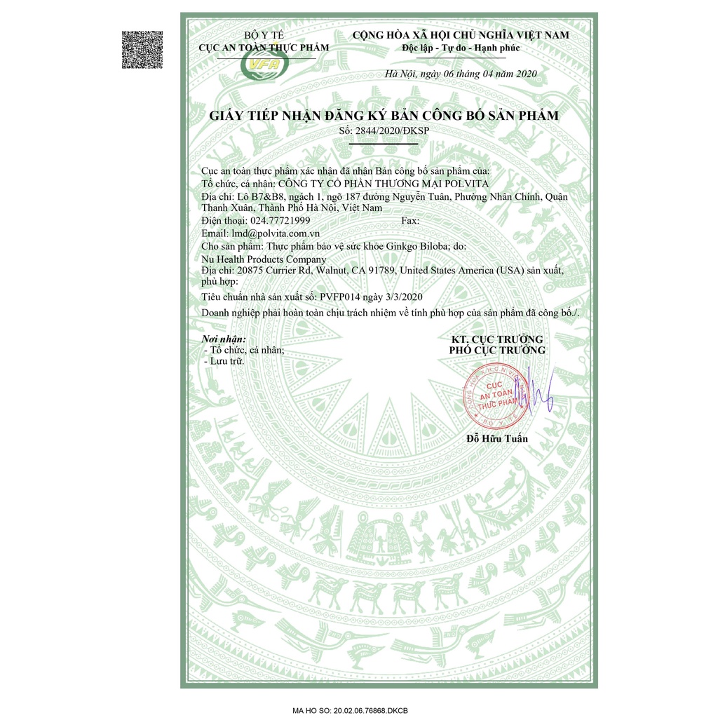 Viên uống Bổ Não Tăng Cường Trí Nhớ Nuhealth Mỹ - Ginkgo Biloba Polvita - Lọ 200 viên