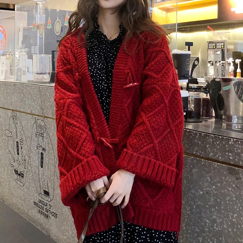 áo cardigan đỏ cổ V dễ thương dài tay thu đông 2021 OR058