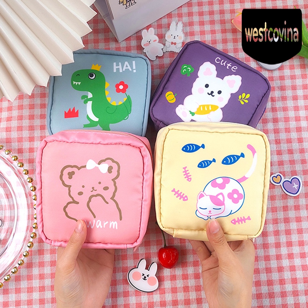 [Hot]☀ Túi Đựng Khăn Giấy Tampon Bằng Nylon Chống Nước Thiết Kế Khóa Kéo In Hoạt Hình Cho Nữ