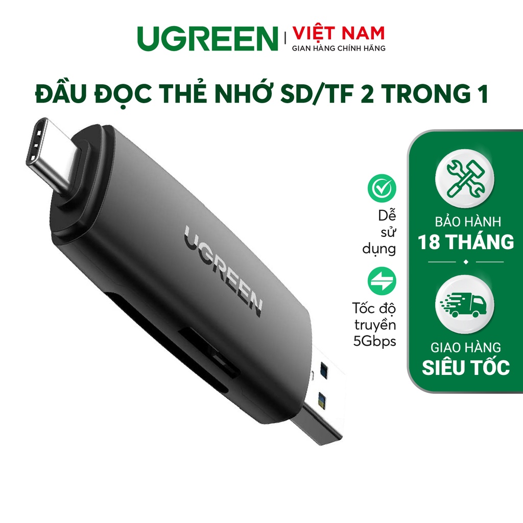 Đầu đọc thẻ nhớ SD/TF 2 trong 1 UGREEN 80191 USB-A & Type-C ​- Hàng chính hãng - Bảo hành 18 tháng