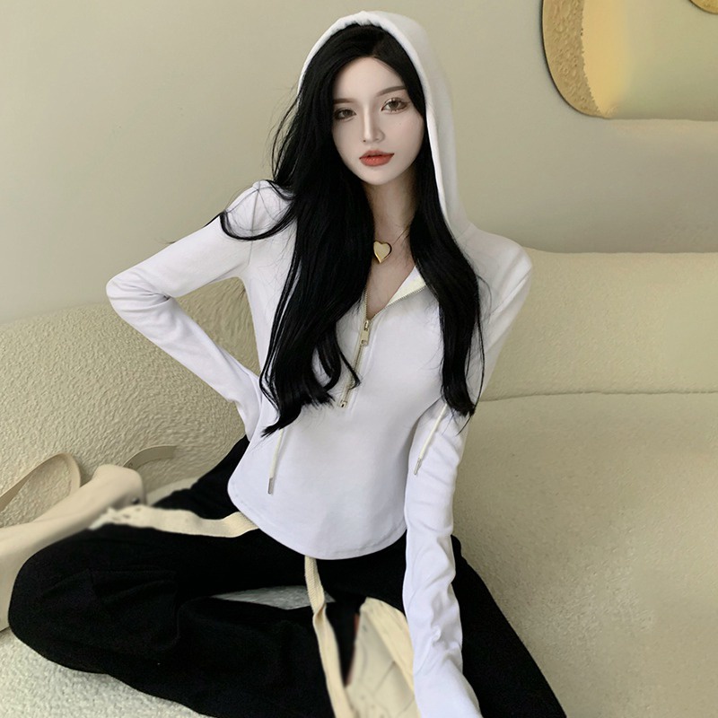 Áo thun tay dài có mũ trùm đầu / khóa kéo màu trơn thiết kế vạt không đều phong cách Hàn Quốc thường ngày dành cho nữ