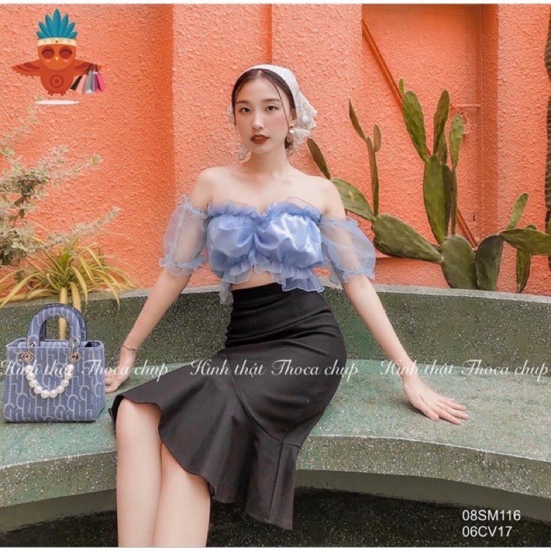 Áo croptop bẹt vai voan kính nhỏ nhắn xinh xắn