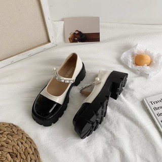Giày búp bê có quai đen trắng Mary Jane vintage cổ điển retro đính hạt đế cao dễ thương ulzzang Hàn Quốc [Yannie]