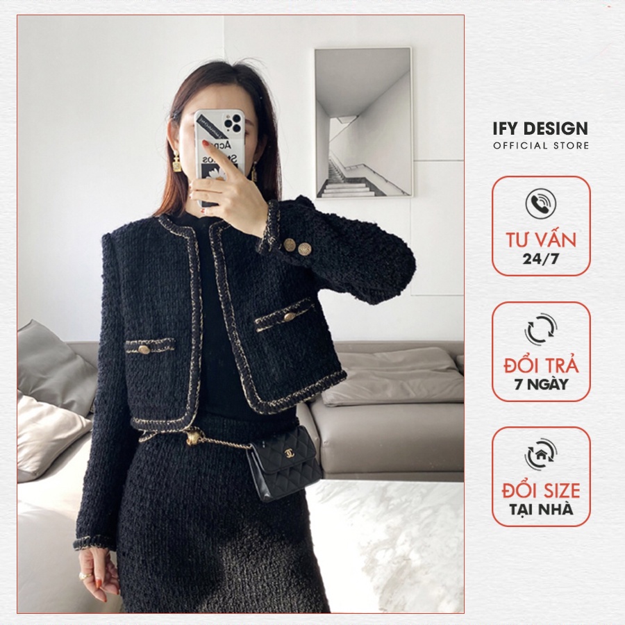Áo dạ tweed croptop nữ dáng ngắn 2 túi trước IFY Design FS35A