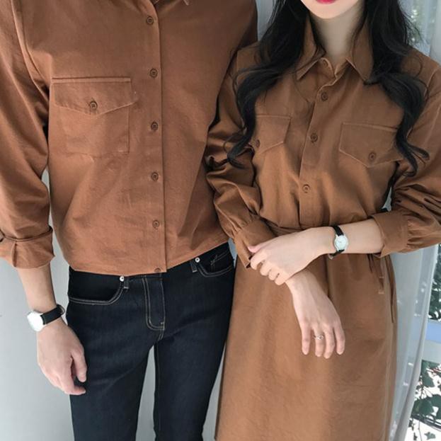 Áo đôi couple nam nữ 🎀FREESHIP🎀 Set váy nữ Áo sơ mi nam đẹp màu trắng và nâu Hàn Quốc thiết kế cao cấp AV192