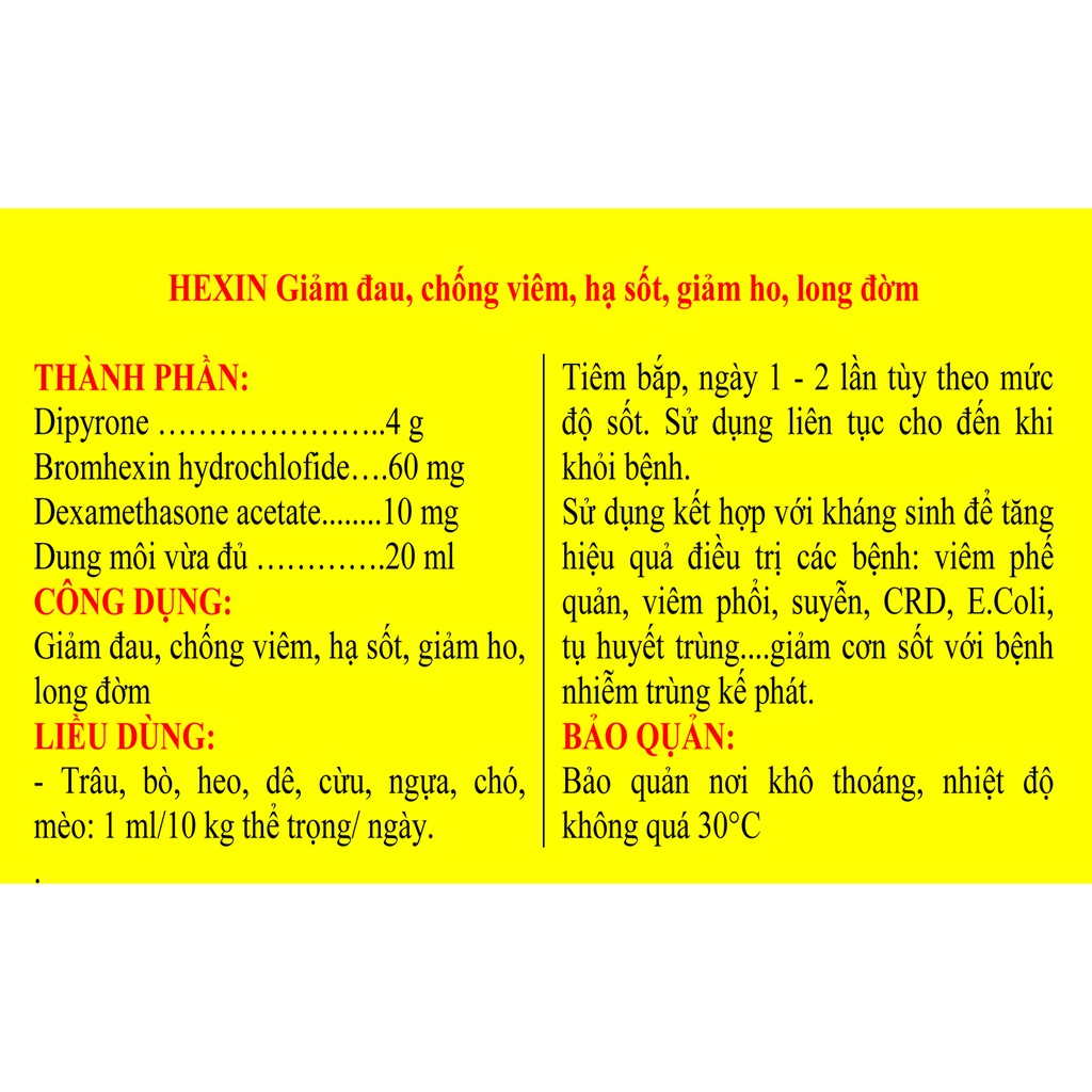 1 lọ HEXIN 20ml Long đờm, thông phế quản, giảm ho, kháng viêm dùng tốt cho gia súc, gia cầm, chó mèo, gà chọi, chim