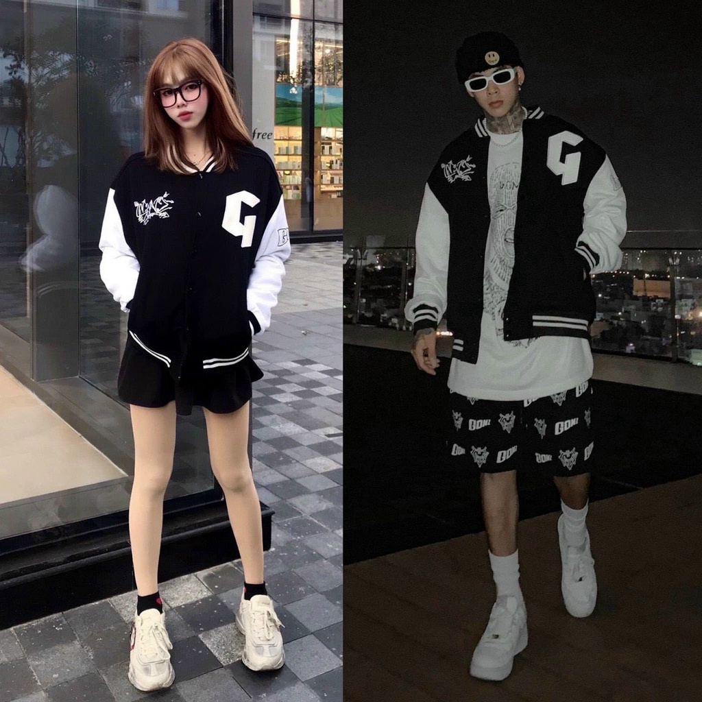 Áo khoác nỉ bomber nam nữ dù form rộng cao cấp, áo khoác nhung tăm họa tiết chữ G tweed đẹp phối gió màu đen K016 | BigBuy360 - bigbuy360.vn