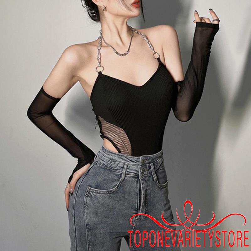 Topone Áo Liền Quần Dài Tay Phối Lưới Thời Trang Cho Nữ