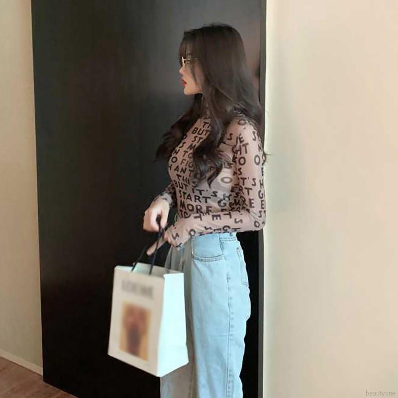 Áo thun tay dài phối lưới hoạ tiết chữ cho phái nữ