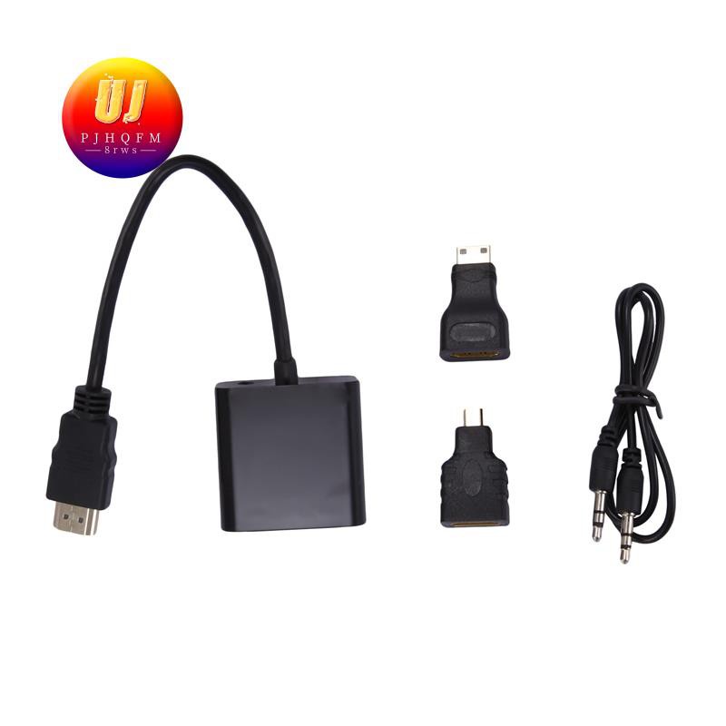 1080P Micro-HDMI/Mini HDMI/HDMI to VGA Converter Adapter With Audio Video Cable Black