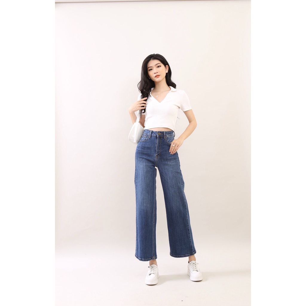 Quần Jean Nữ Ống Rộng cạp cao co giãn cơ bản Trơn Gấu Thường CT JEANS