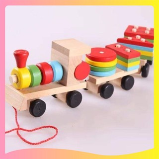 [Đồ chơi giáo dục] Đoàn tàu (xe lửa) thả hình khối bằng gỗ_Dâu Tây Baby Shop